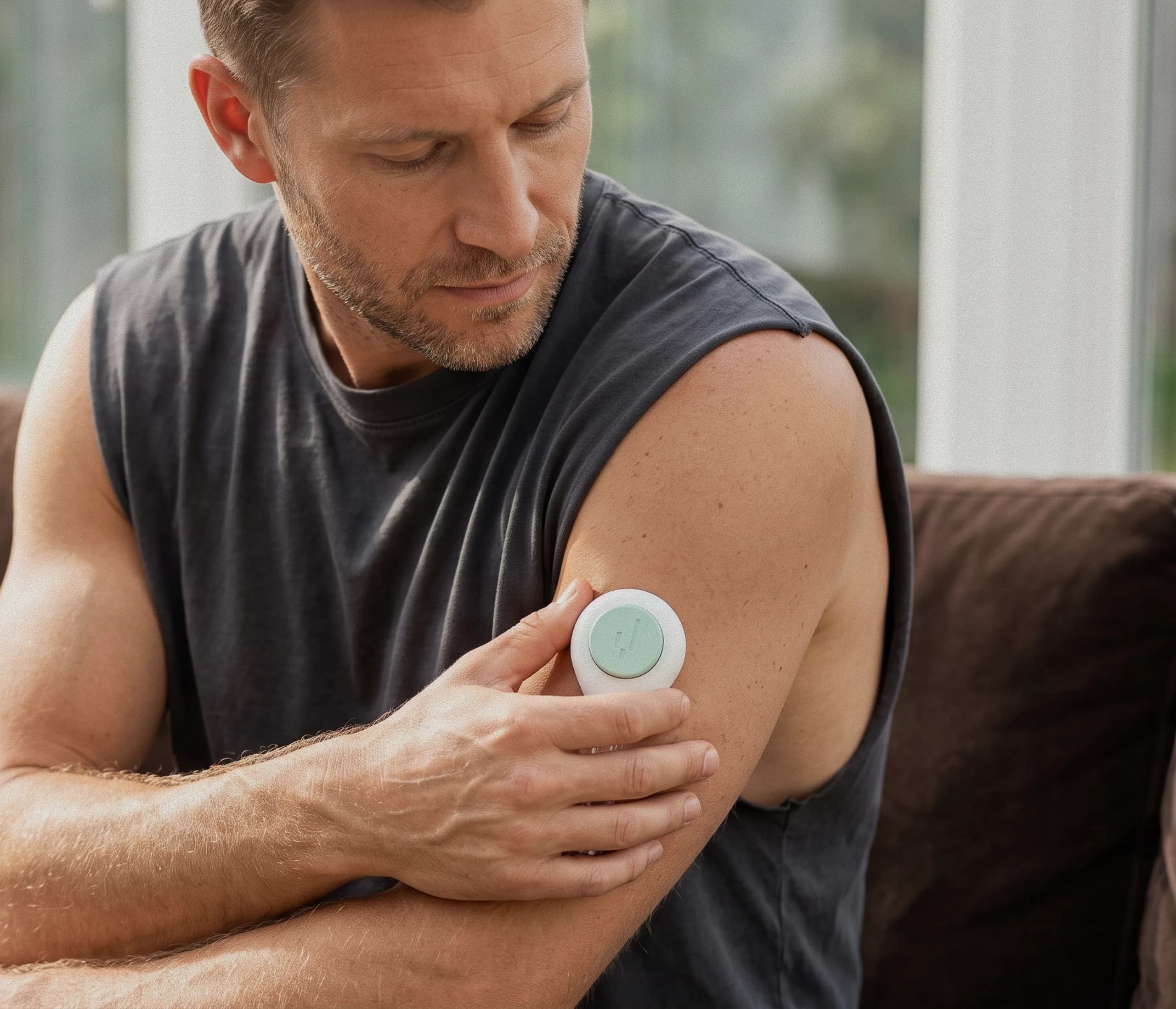 An upper arm with the YEARS collection device, at home on the sofa